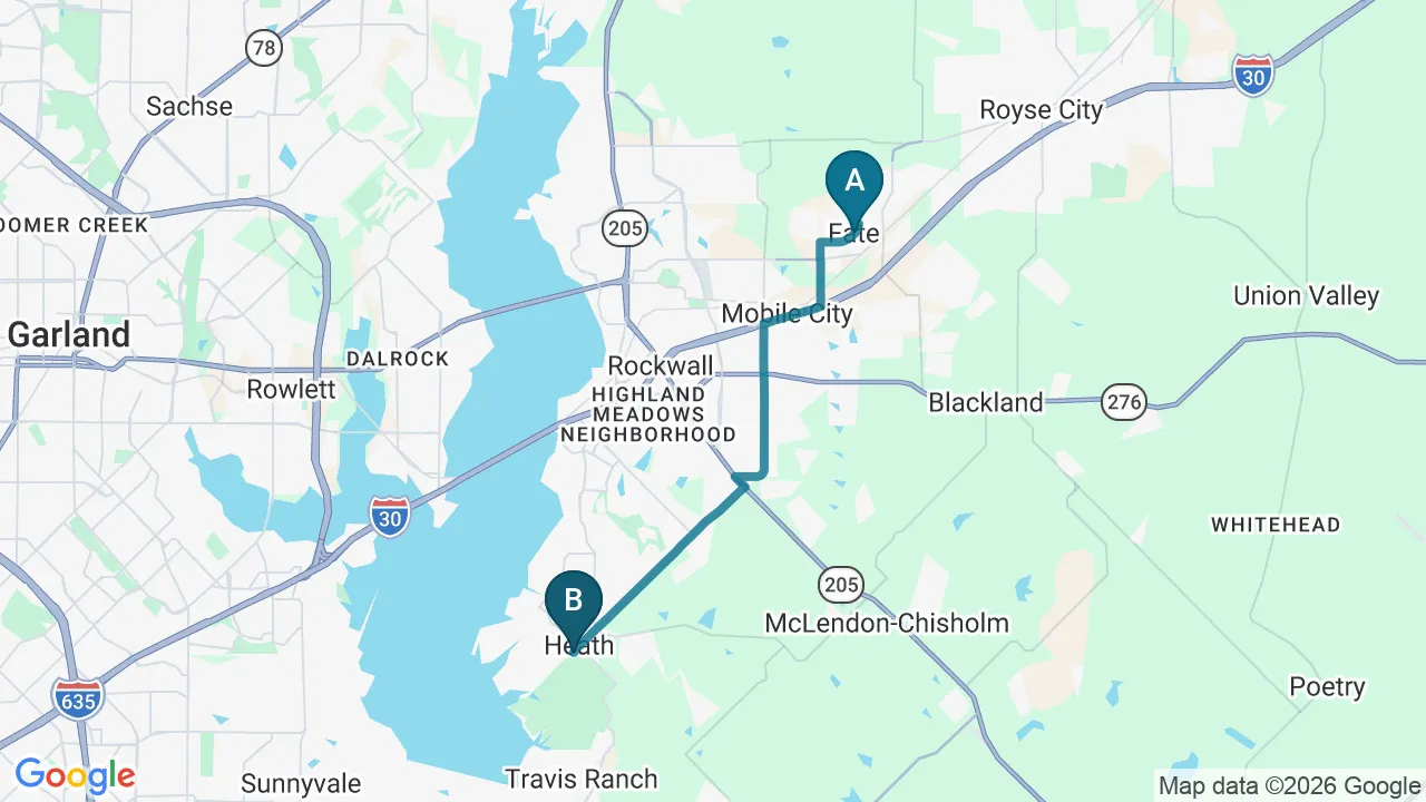 Driving directions map from Fate, TX to Active Release TX in Heath