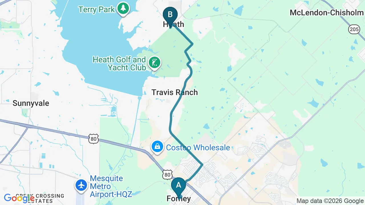 Driving directions map from Forney, TX to Active Release TX in Heath
