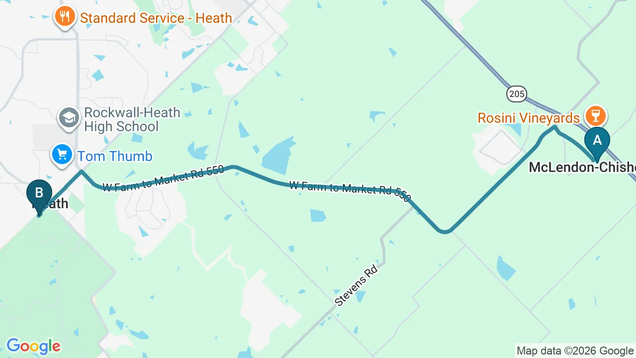 Driving directions map from McLendon-Chisholm, TX to Active Release TX in Heath