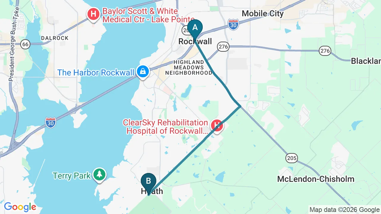 Driving directions map from Rockwall, TX to Active Release TX in Heath