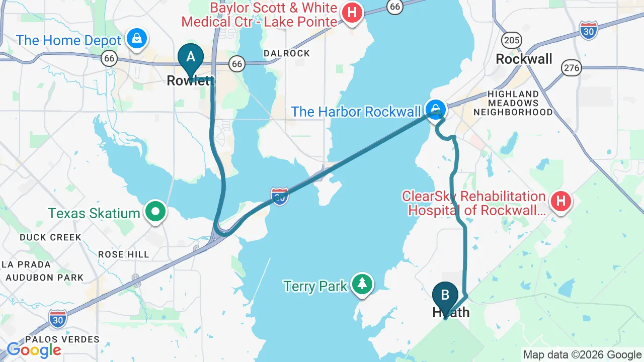 Driving directions map from Rowlett, TX to Active Release TX in Heath