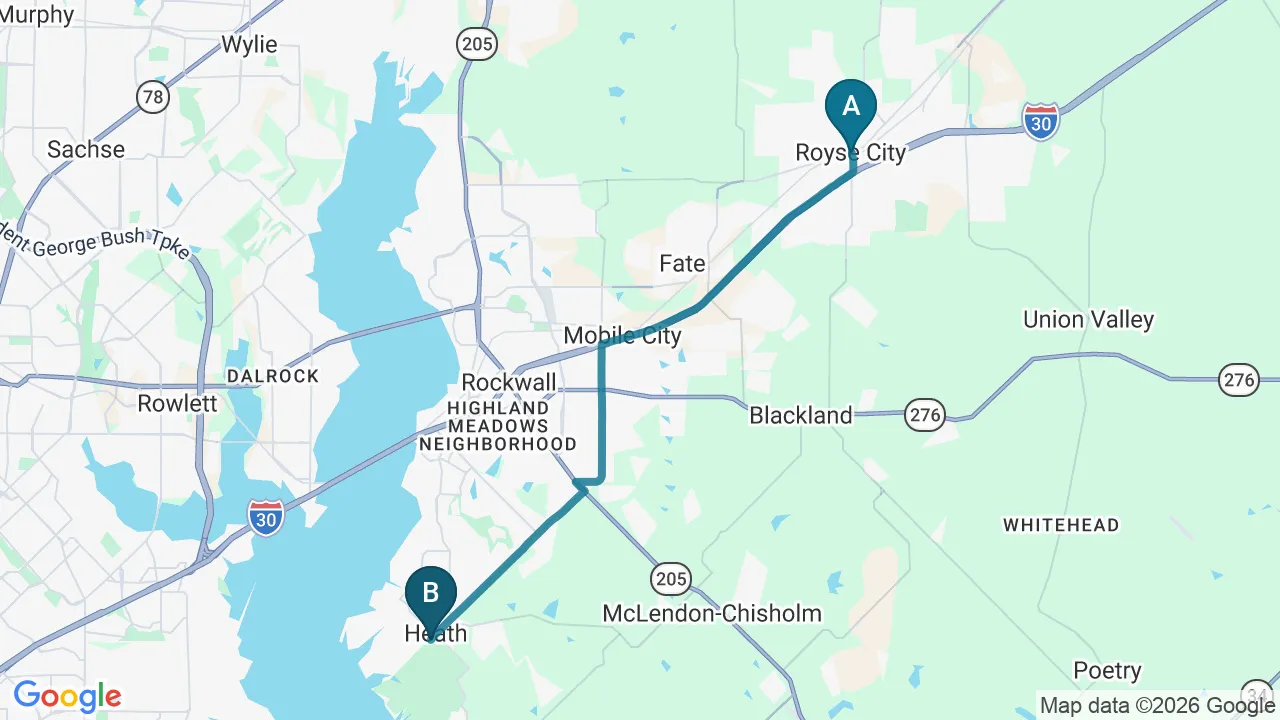 Driving directions map from Royse City, TX to Active Release TX in Heath