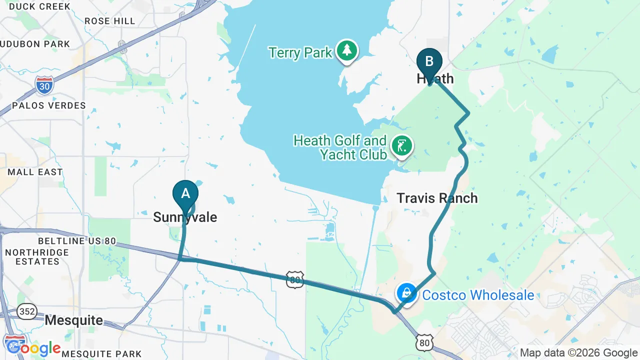 Driving directions map from Sunnyvale, TX to Active Release TX in Heath